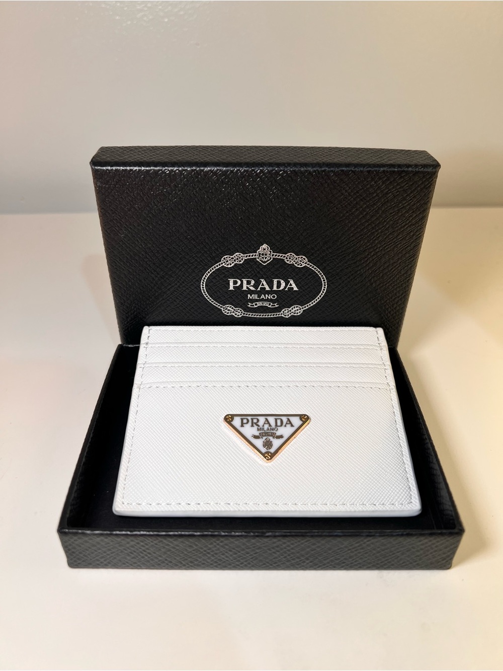 Prada White Saffiano Leather Card Case with Gold Logo